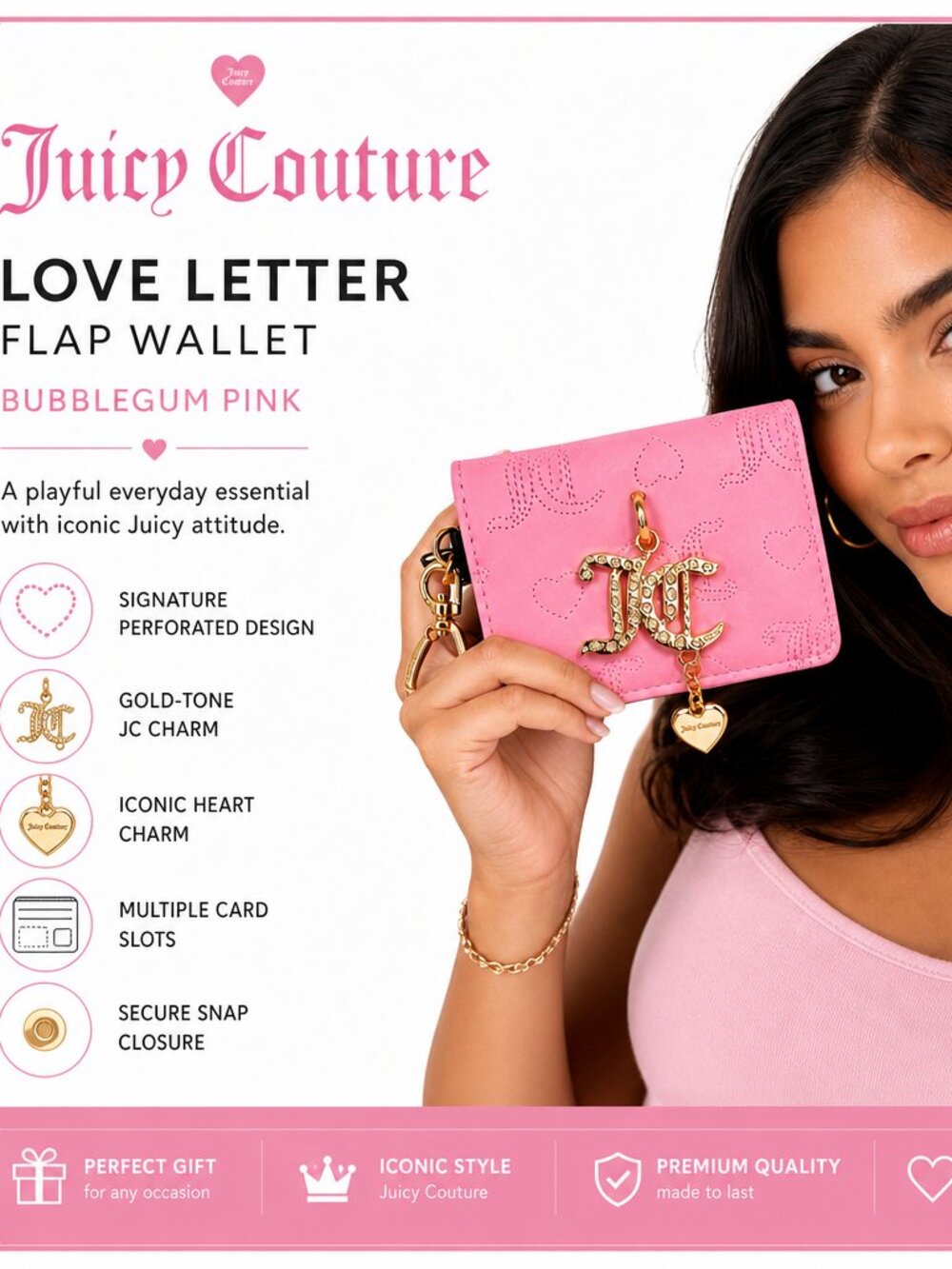Juicy Couture Flamingo Wallet – Gold Heart Keychain & Logo Charm –